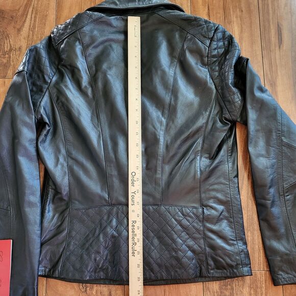 Womens 100% Black Leather Jacket  Asymmetrical Zip Moto Jacket Quilted - Picture 6 of 10